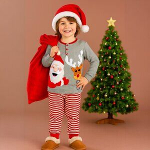 Kids Santa Reindeer Christmas Pajama Set – Festive Grey Top & Red Striped Pants
